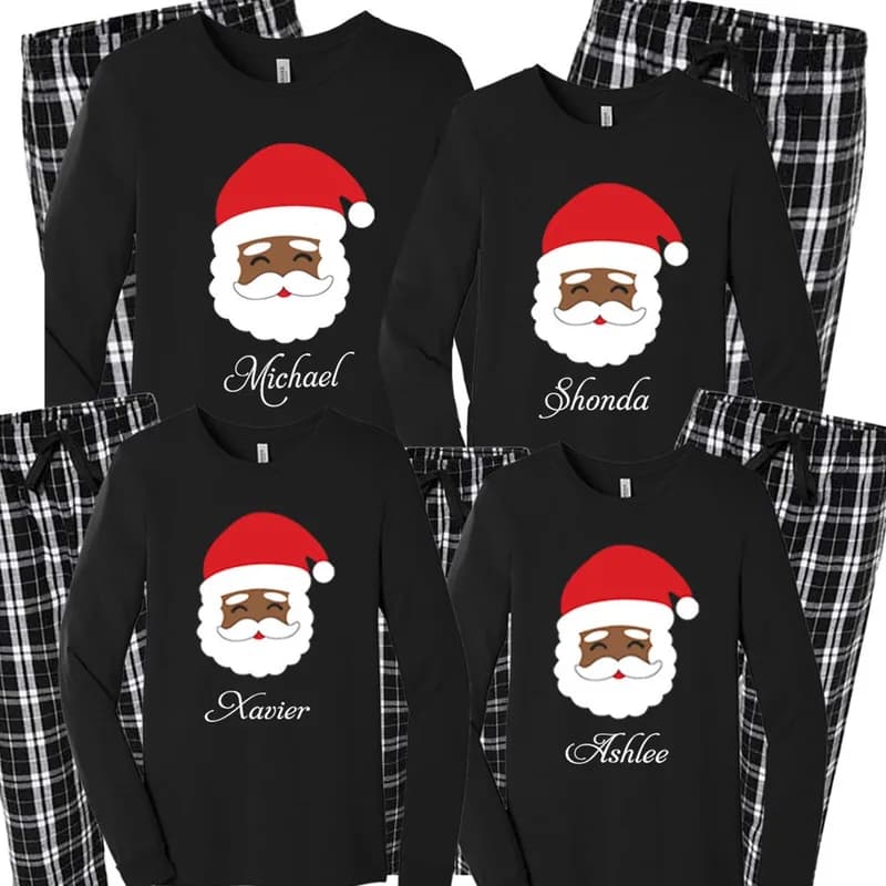 Black Santa Custom Names Family Pajamas