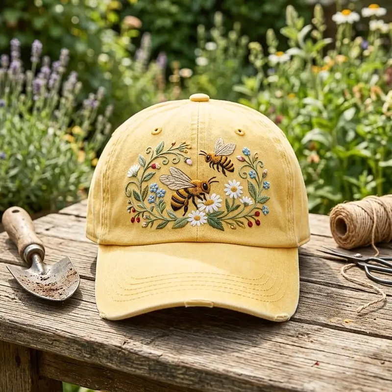 Bees and Flowers Embroidered Cap