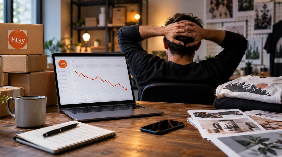 A trend line icon on a yellow background with the words "Sales dropped and you changed nothing, here is what happened"
